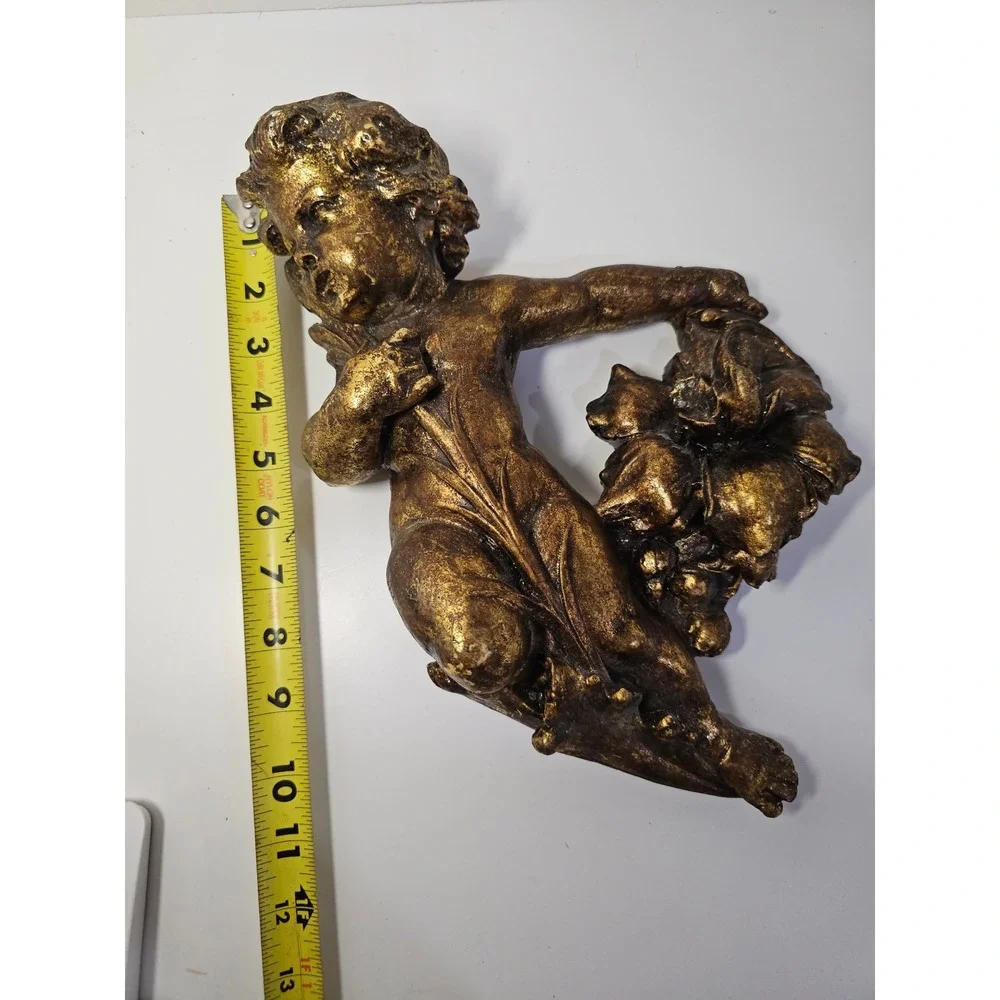 Vintage Gold Cherub Wall Plaque Angel Putto Relief Sculpture 12 Inch Gilded Art
